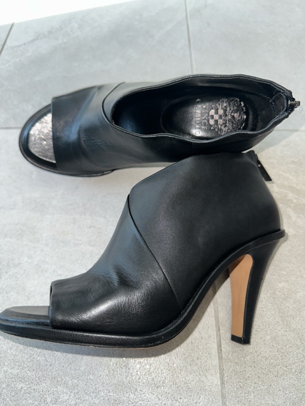 Black Leather Open-Toe Heel Booties - Women's